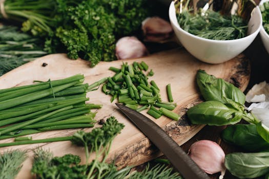 fresh herbs on a cutting board